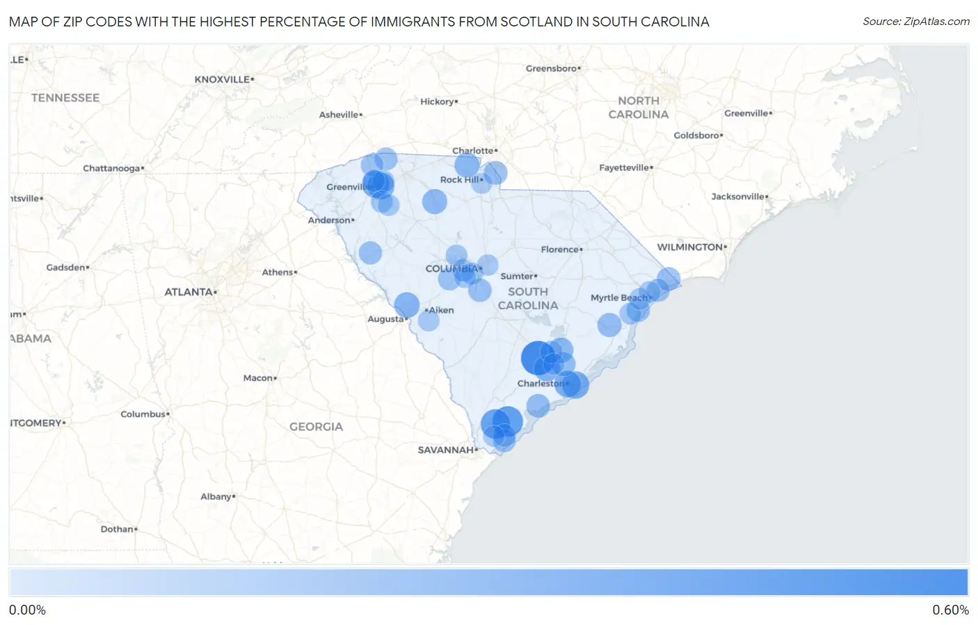 Zip Codes with the Highest Percentage of Immigrants from Scotland in South Carolina Map