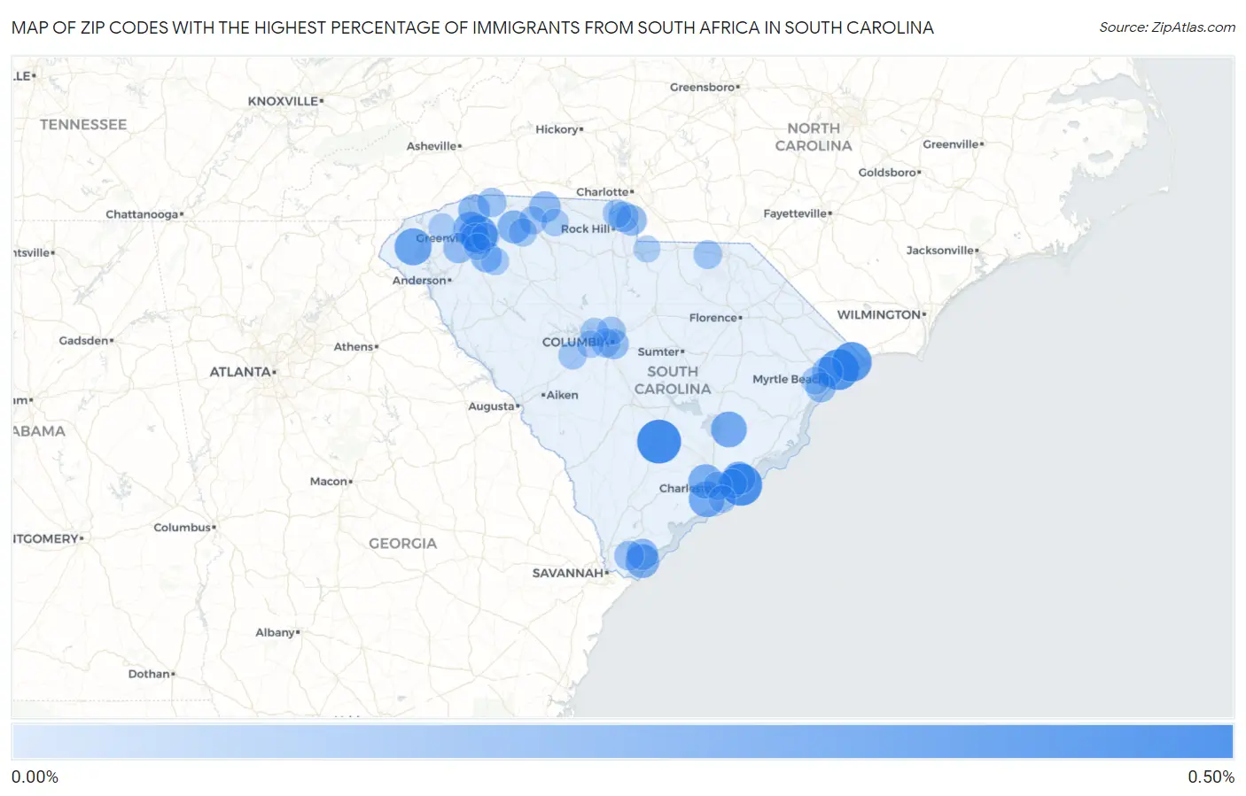 Zip Codes with the Highest Percentage of Immigrants from South Africa in South Carolina Map