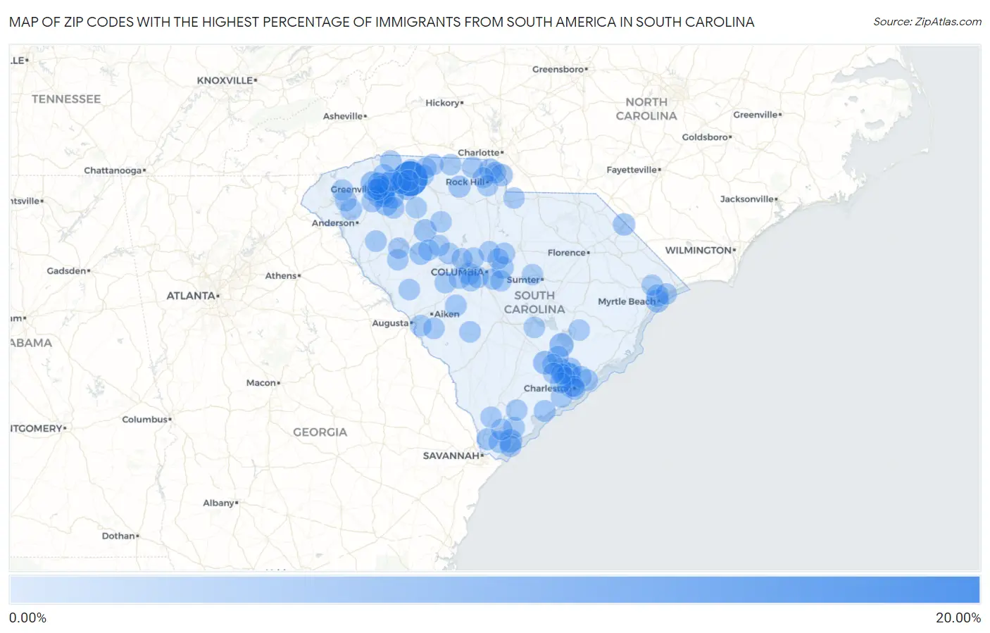 Zip Codes with the Highest Percentage of Immigrants from South America in South Carolina Map