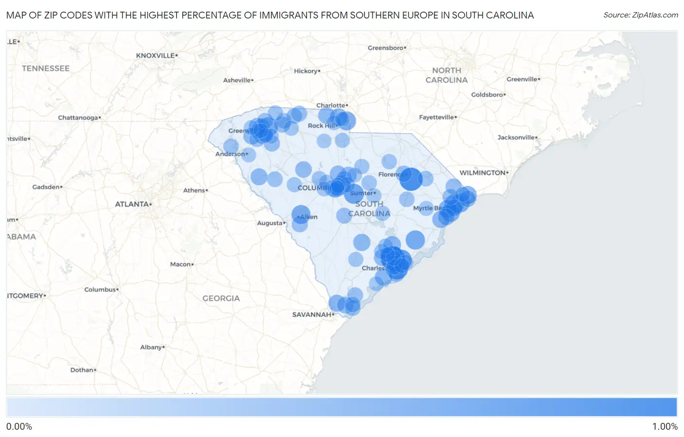 Zip Codes with the Highest Percentage of Immigrants from Southern Europe in South Carolina Map