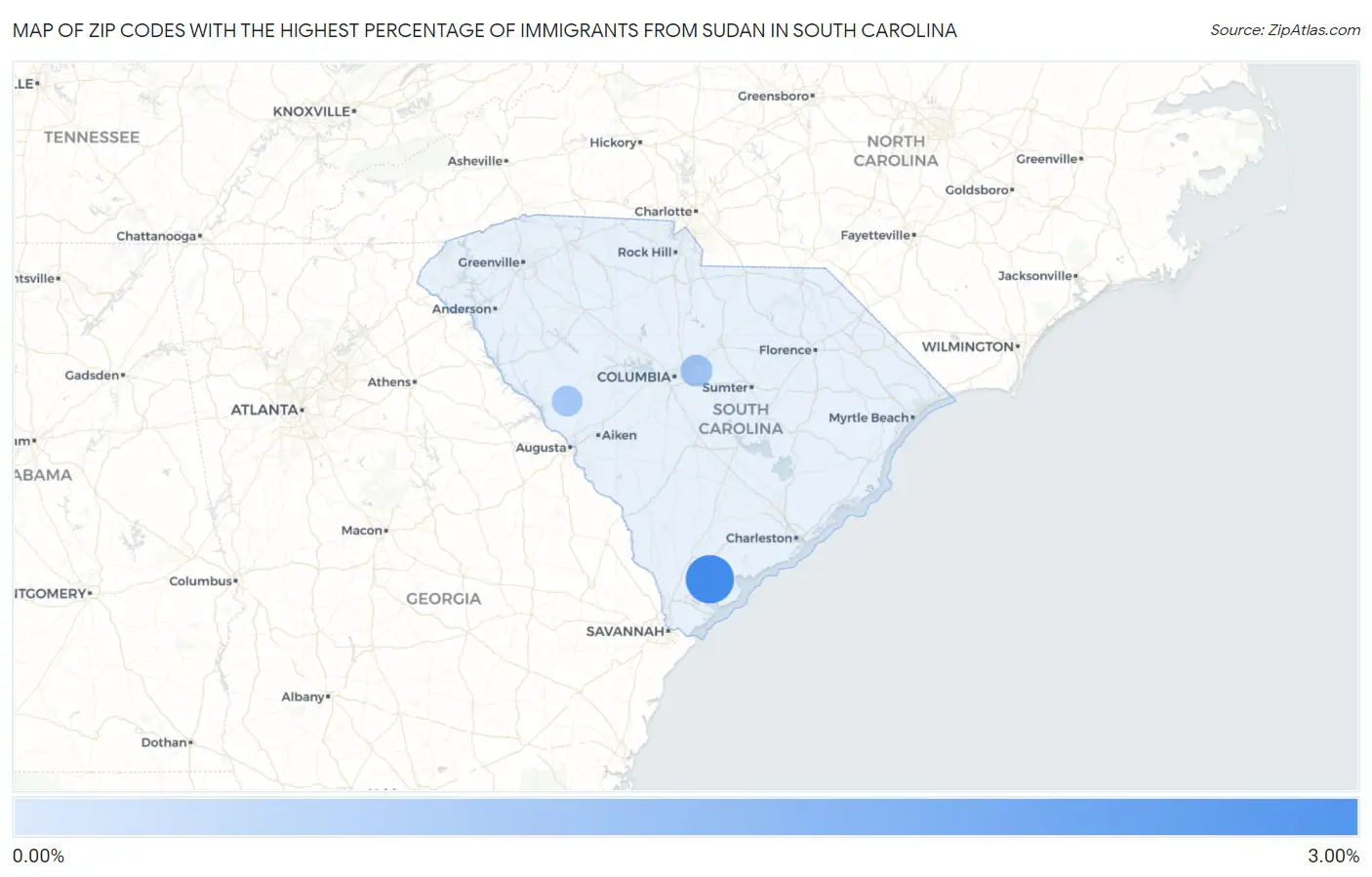 Zip Codes with the Highest Percentage of Immigrants from Sudan in South Carolina Map