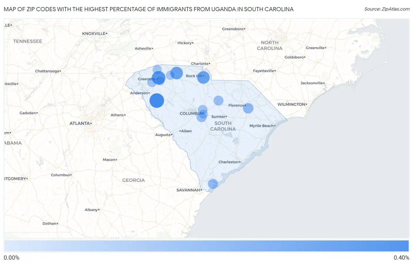 Zip Codes with the Highest Percentage of Immigrants from Uganda in South Carolina Map