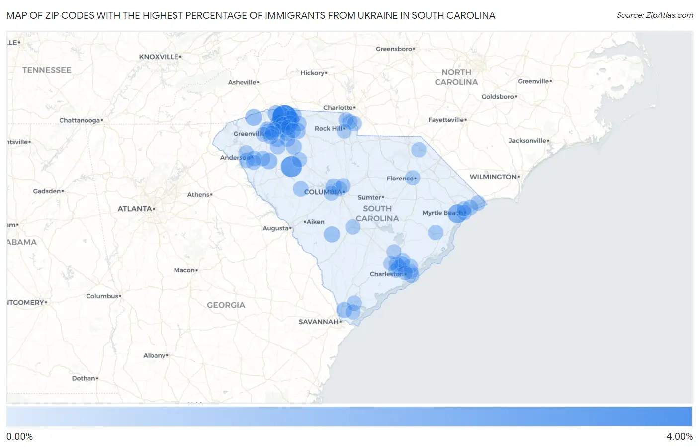 Zip Codes with the Highest Percentage of Immigrants from Ukraine in South Carolina Map