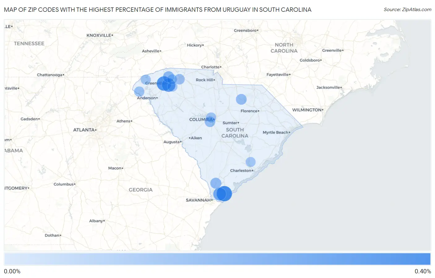Zip Codes with the Highest Percentage of Immigrants from Uruguay in South Carolina Map