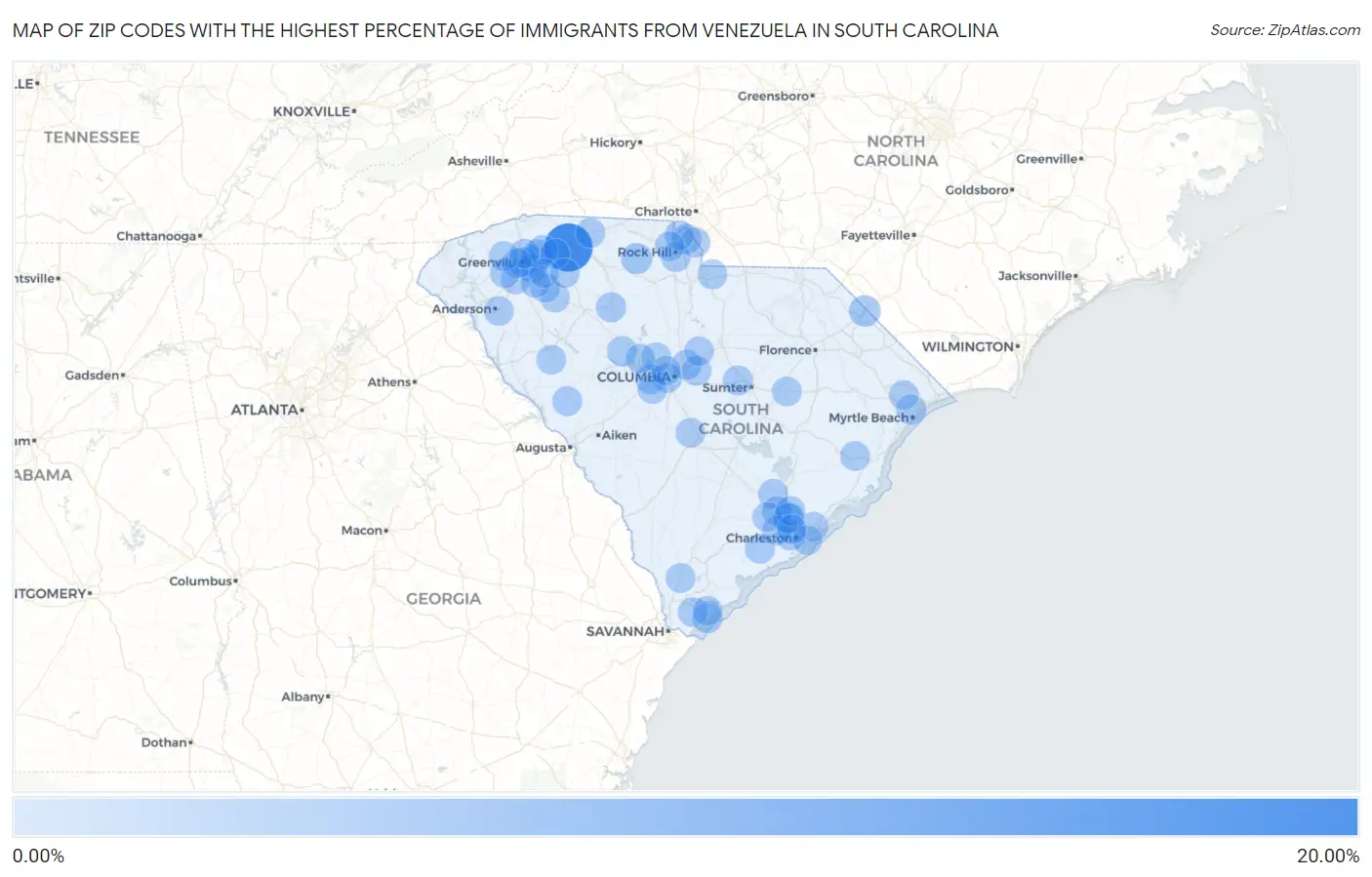 Zip Codes with the Highest Percentage of Immigrants from Venezuela in South Carolina Map