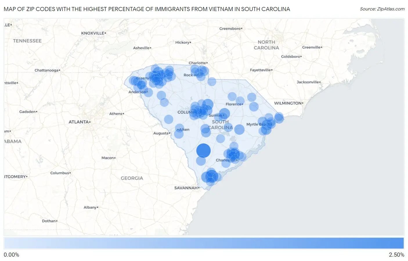 Zip Codes with the Highest Percentage of Immigrants from Vietnam in South Carolina Map