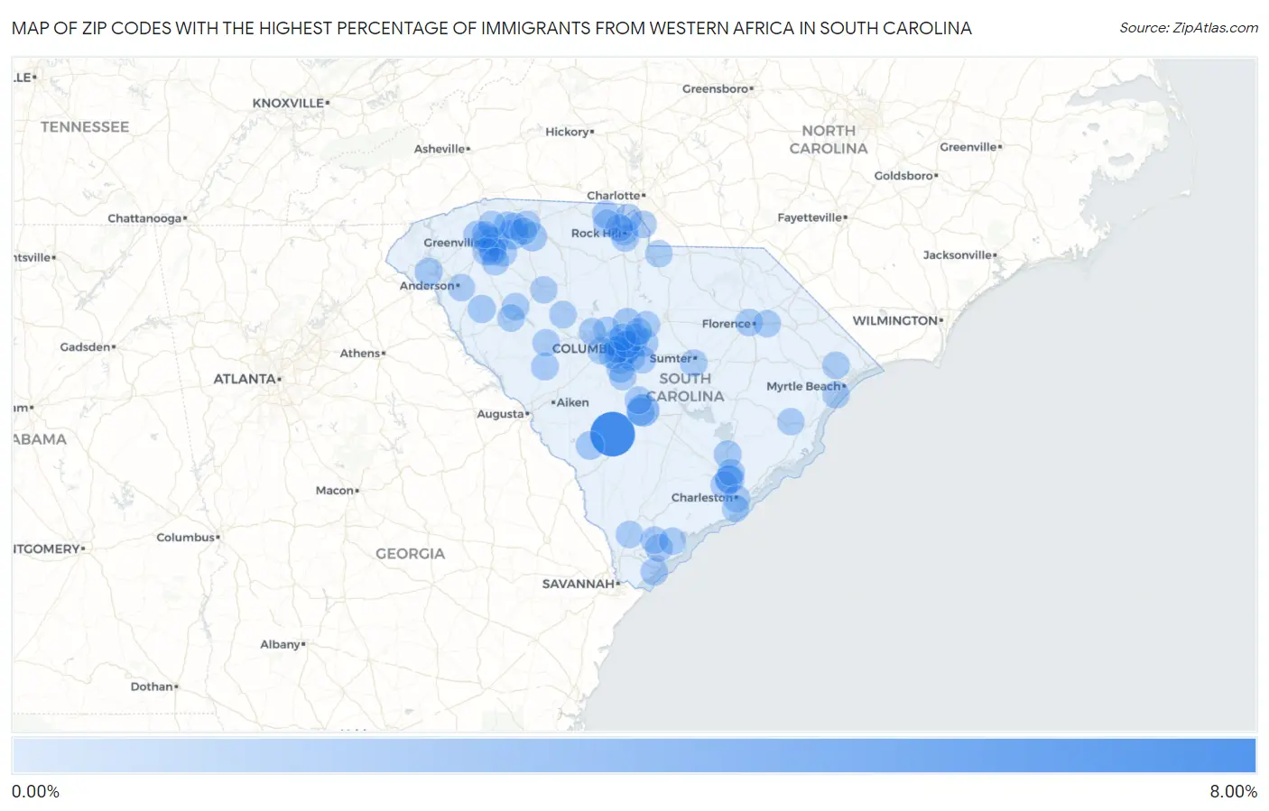 Zip Codes with the Highest Percentage of Immigrants from Western Africa in South Carolina Map
