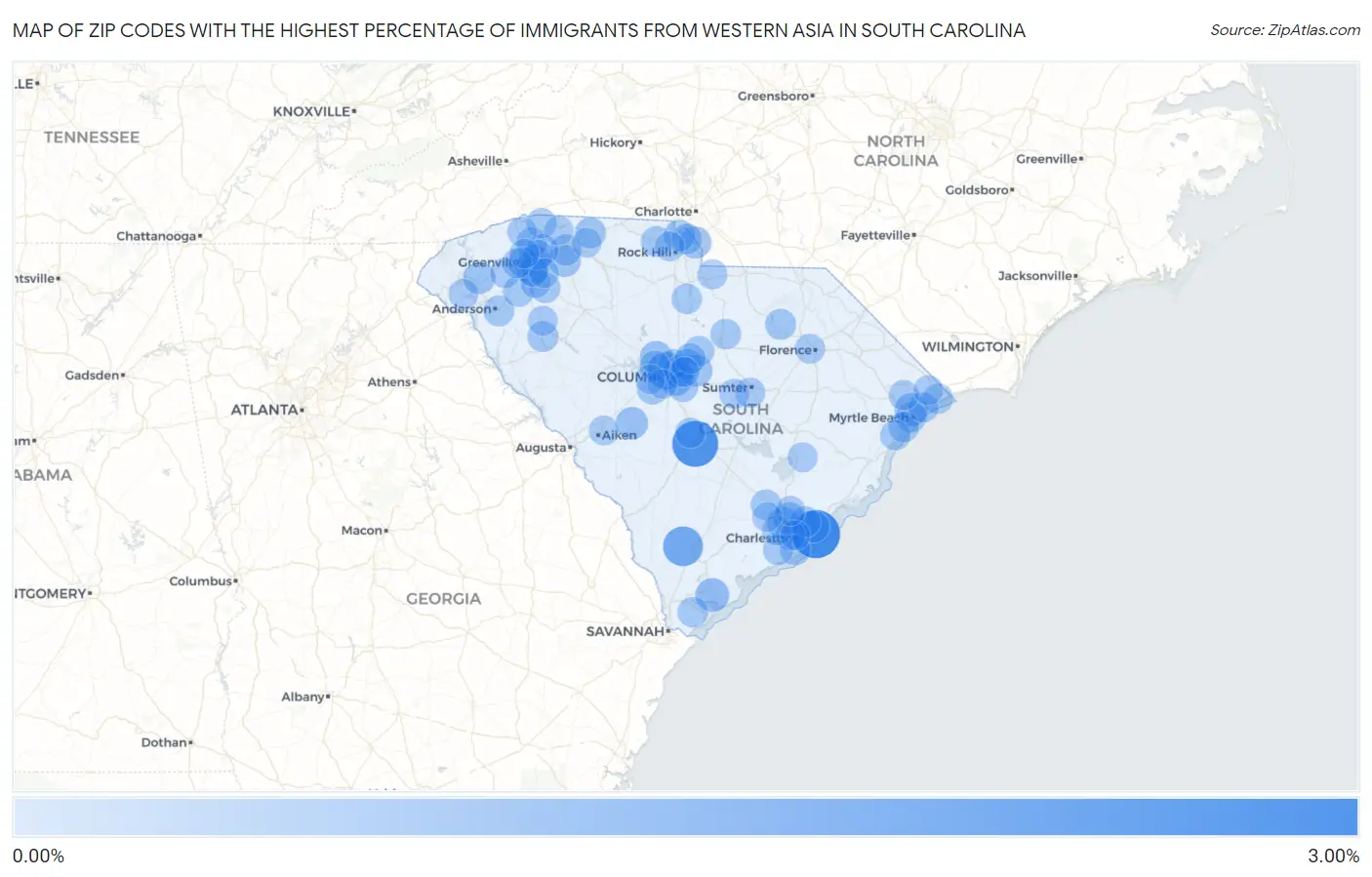 Zip Codes with the Highest Percentage of Immigrants from Western Asia in South Carolina Map