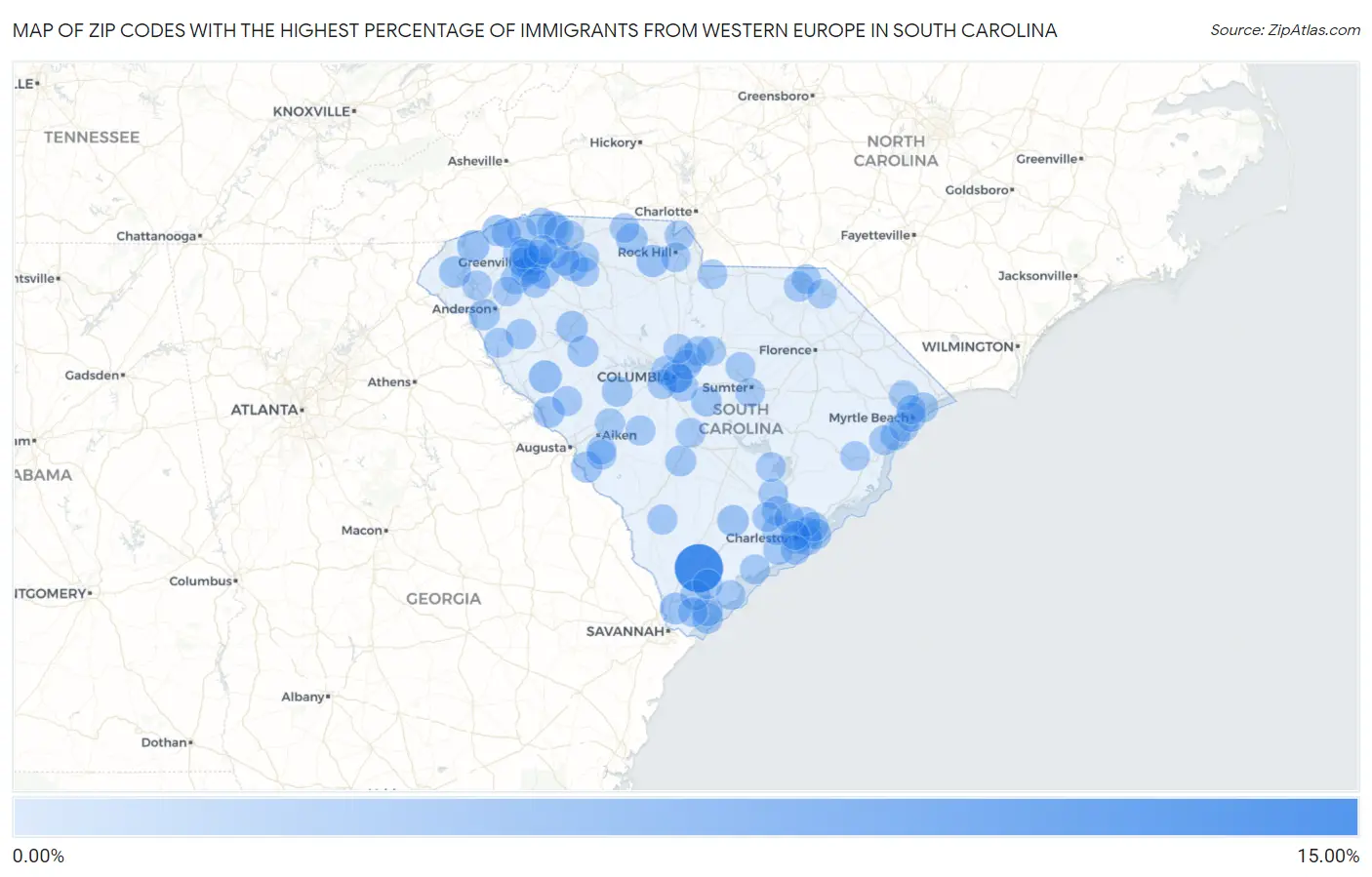 Zip Codes with the Highest Percentage of Immigrants from Western Europe in South Carolina Map