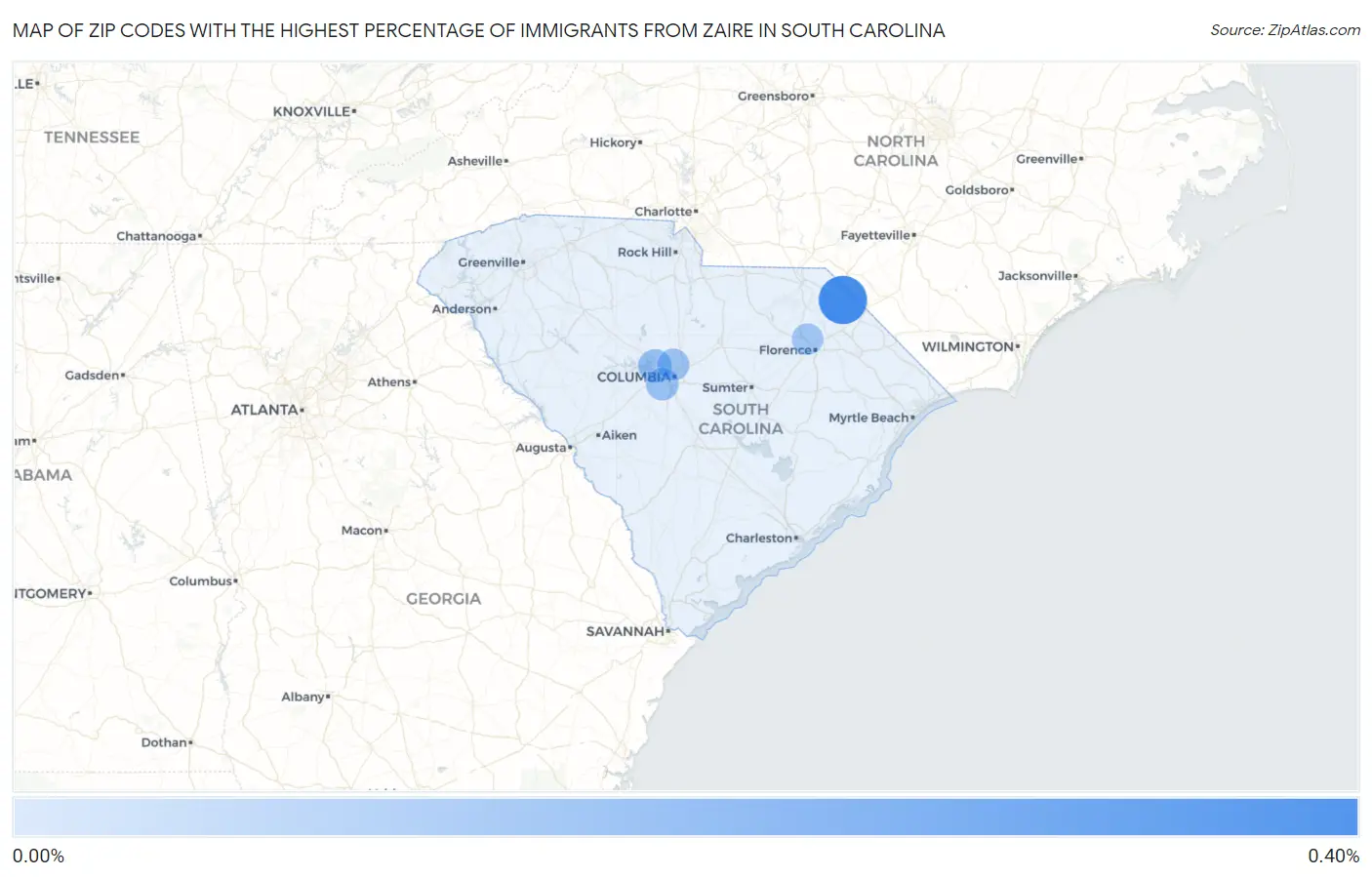 Zip Codes with the Highest Percentage of Immigrants from Zaire in South Carolina Map