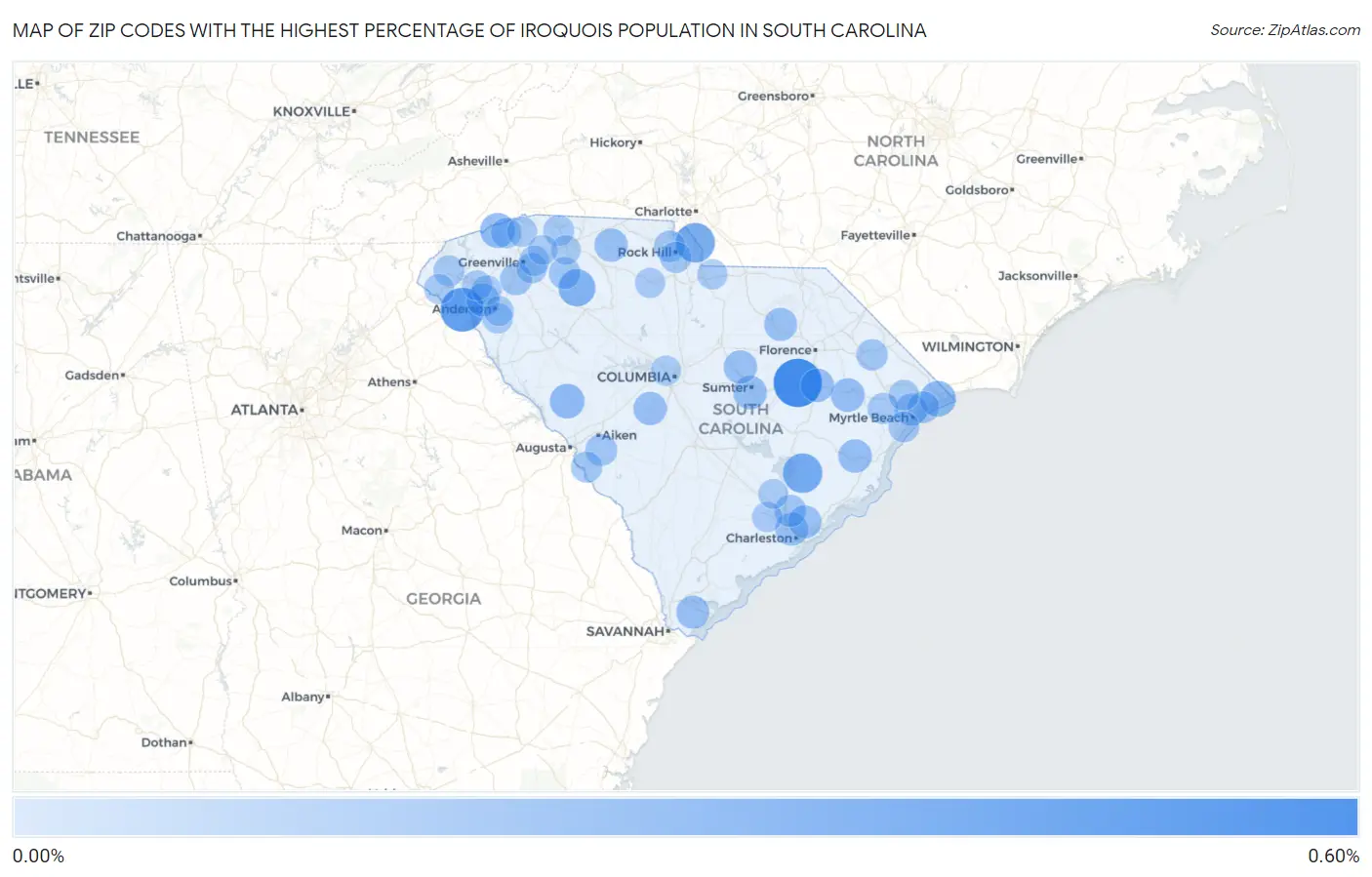 Zip Codes with the Highest Percentage of Iroquois Population in South Carolina Map
