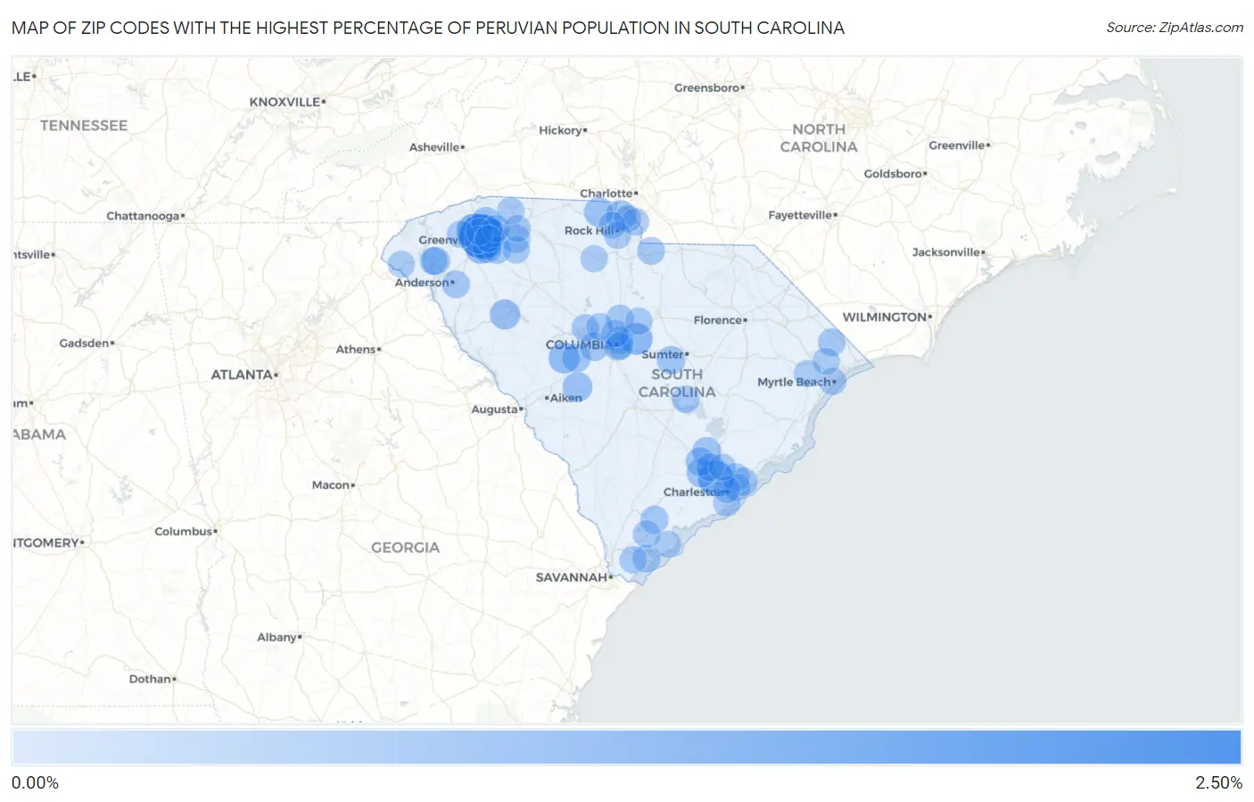 Zip Codes with the Highest Percentage of Peruvian Population in South Carolina Map