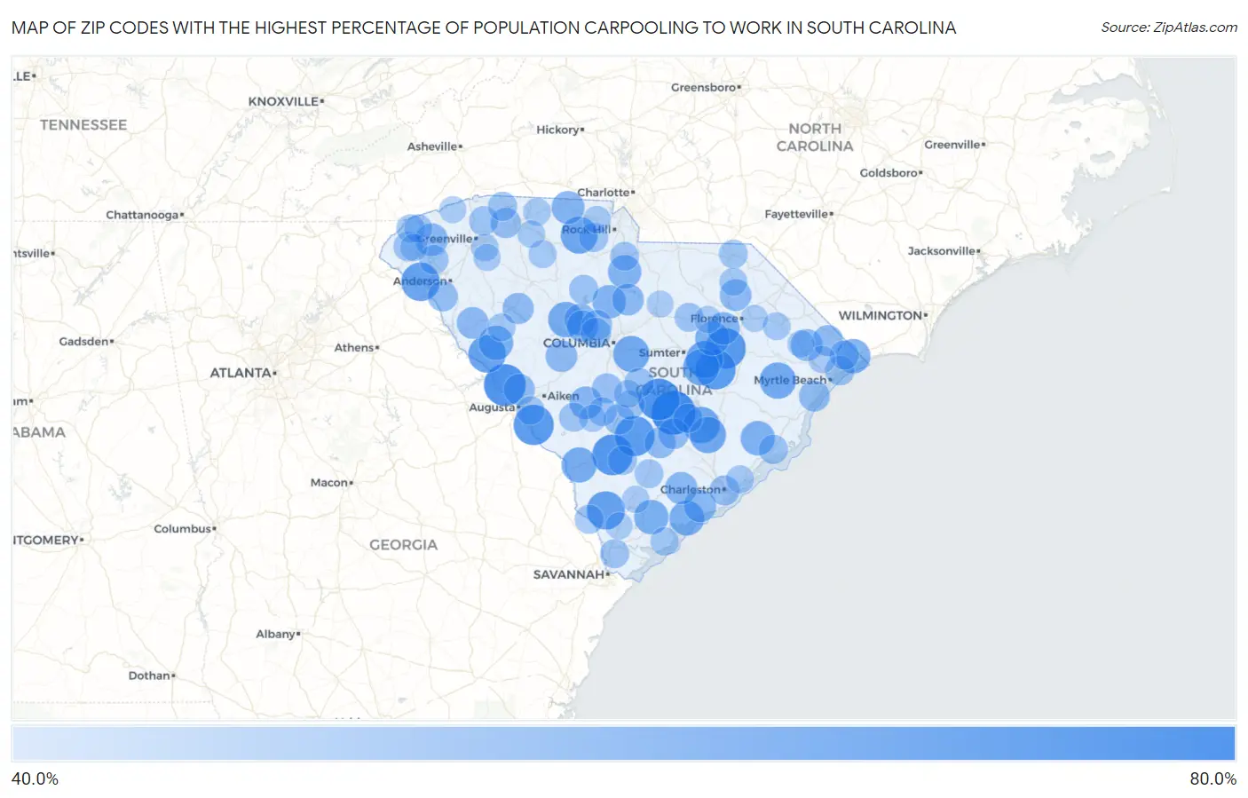 Zip Codes with the Highest Percentage of Population Carpooling to Work in South Carolina Map