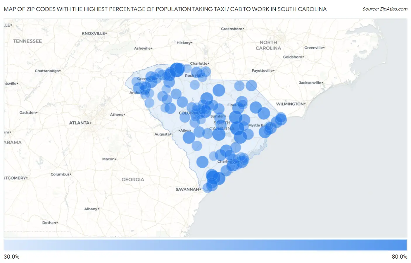Zip Codes with the Highest Percentage of Population Taking Taxi / Cab to Work in South Carolina Map