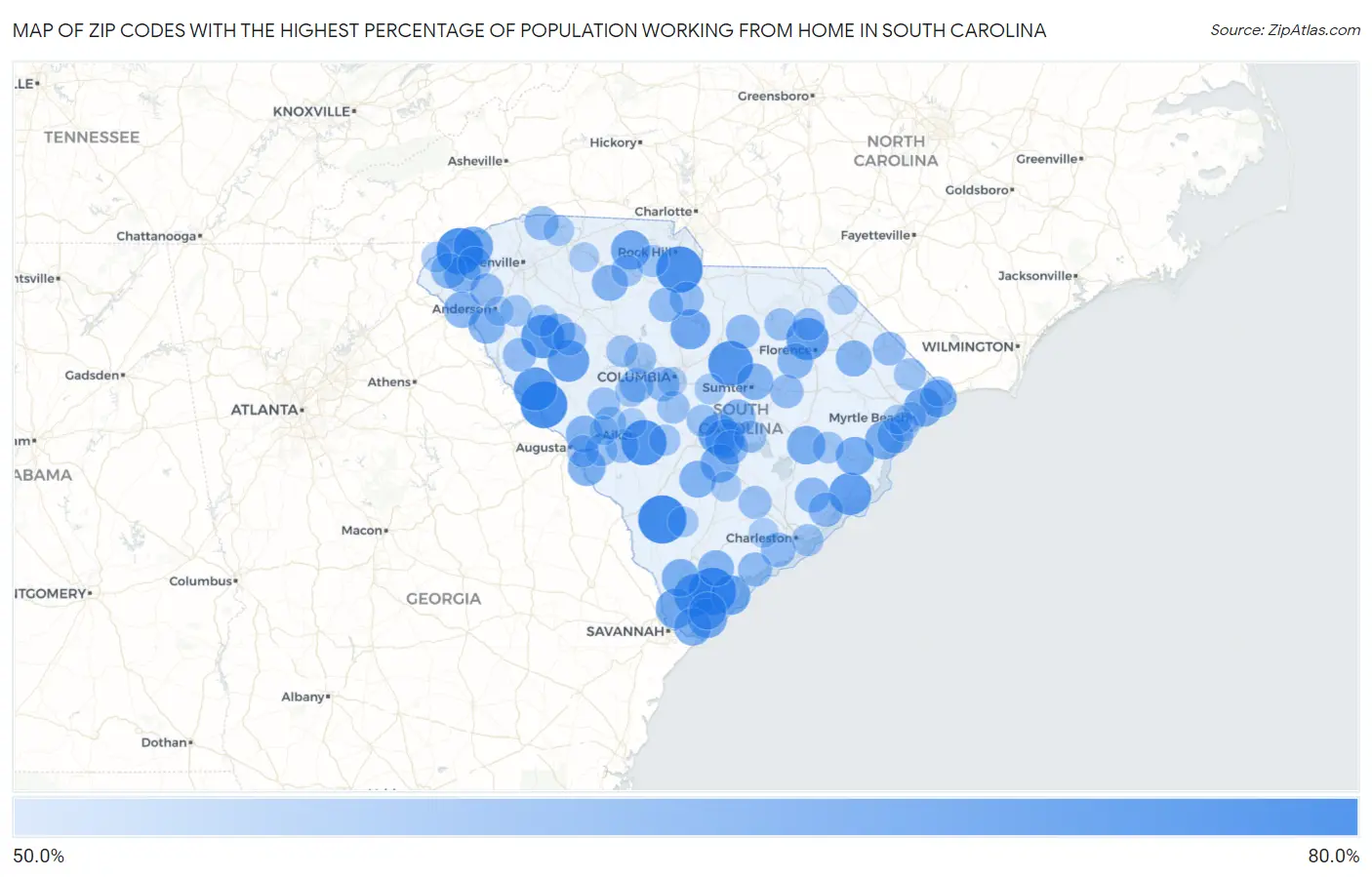 Zip Codes with the Highest Percentage of Population Working from Home in South Carolina Map