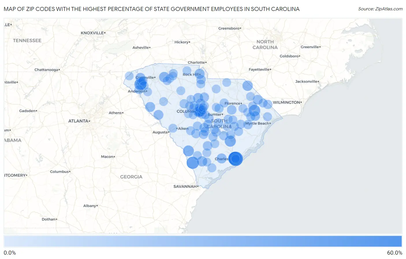 Zip Codes with the Highest Percentage of State Government Employees in South Carolina Map