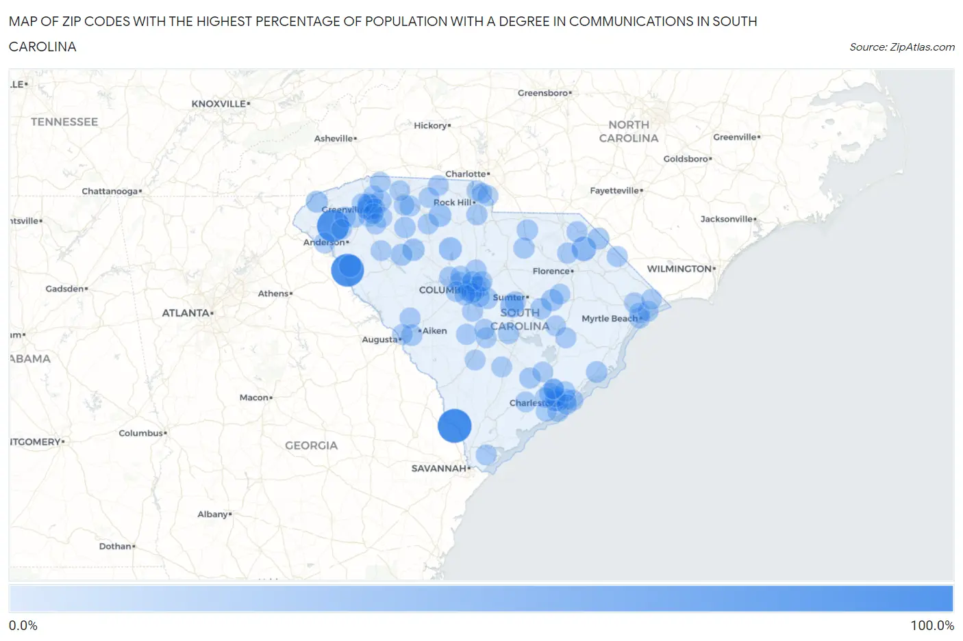 Zip Codes with the Highest Percentage of Population with a Degree in Communications in South Carolina Map