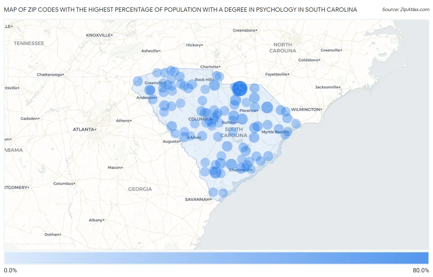 Zip Codes with the Highest Percentage of Population with a Degree in Psychology in South Carolina Map