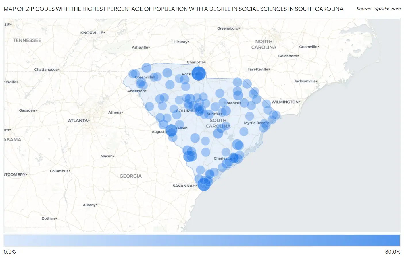 Zip Codes with the Highest Percentage of Population with a Degree in Social Sciences in South Carolina Map