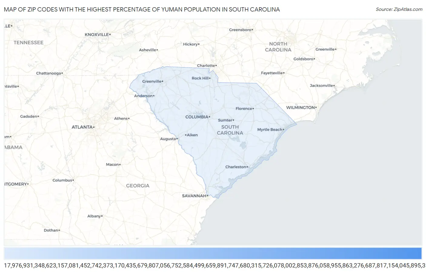 Zip Codes with the Highest Percentage of Yuman Population in South Carolina Map
