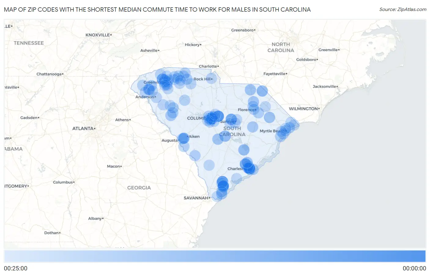 Zip Codes with the Shortest Median Commute Time to Work for Males in South Carolina Map