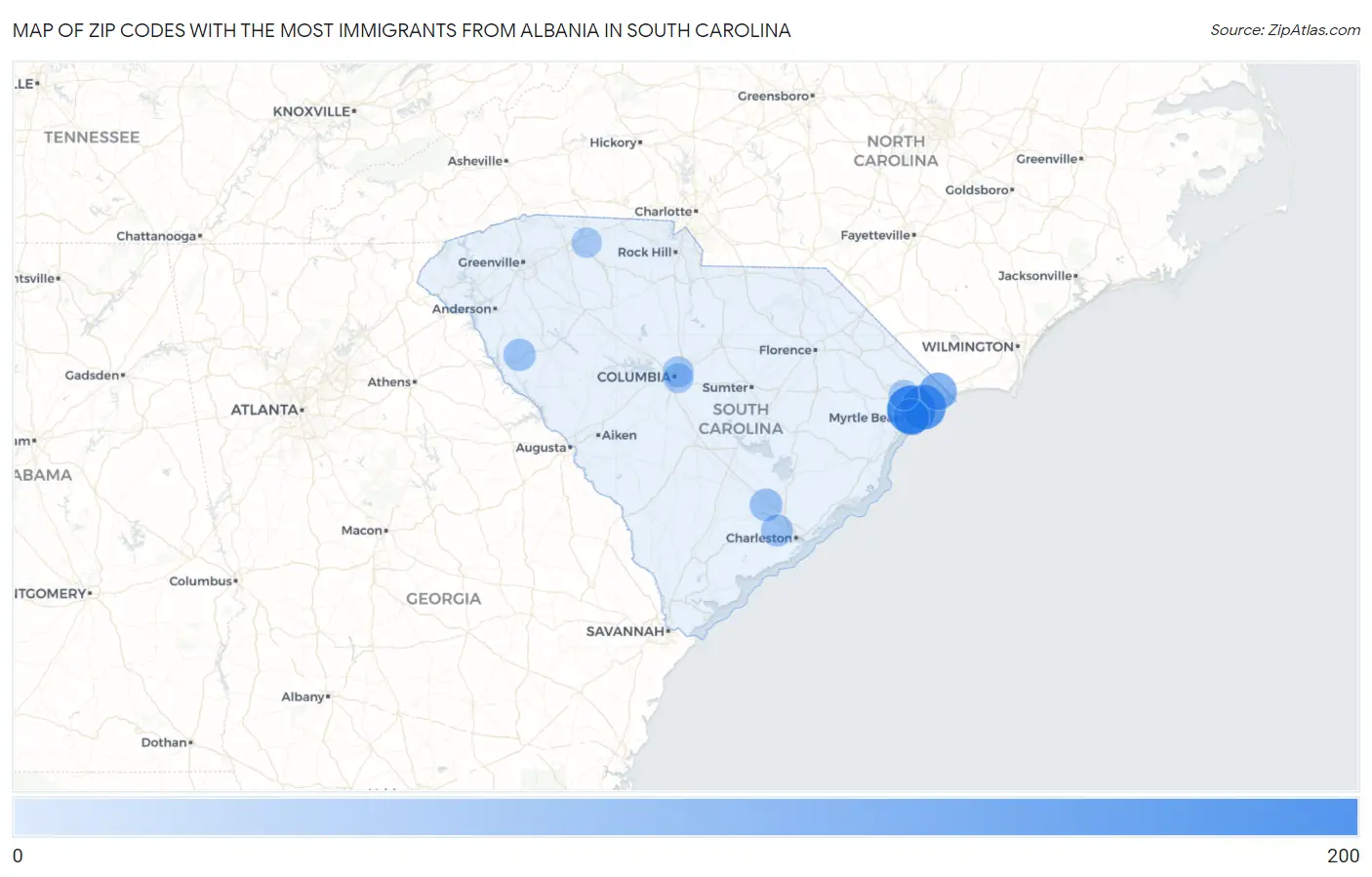 Zip Codes with the Most Immigrants from Albania in South Carolina Map