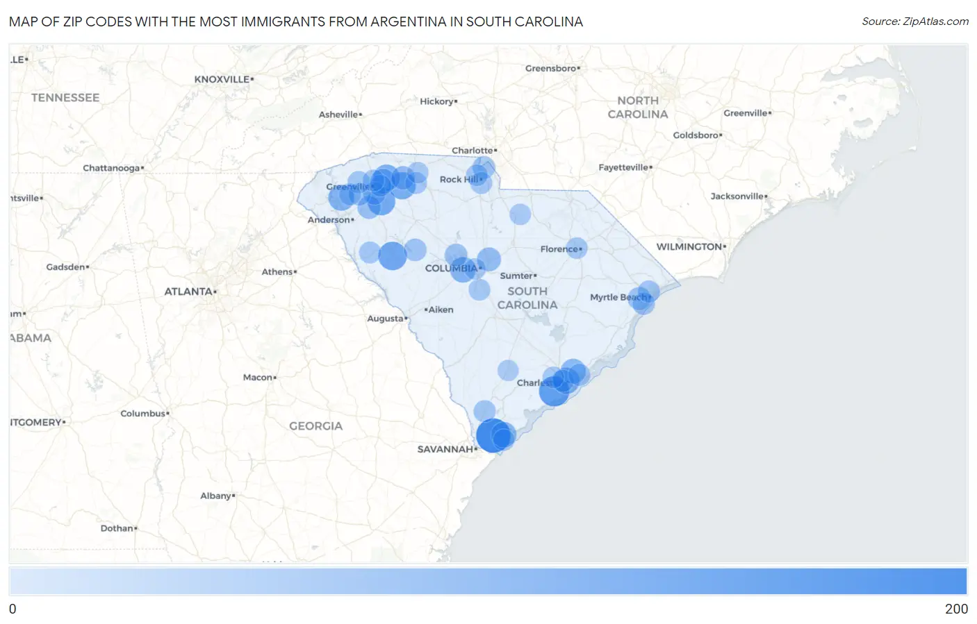 Zip Codes with the Most Immigrants from Argentina in South Carolina Map