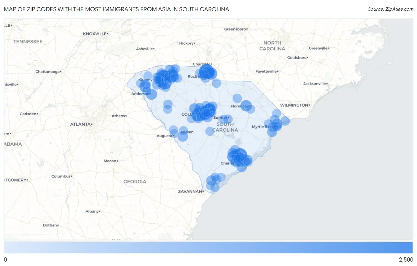 Zip Codes with the Most Immigrants from Asia in South Carolina Map