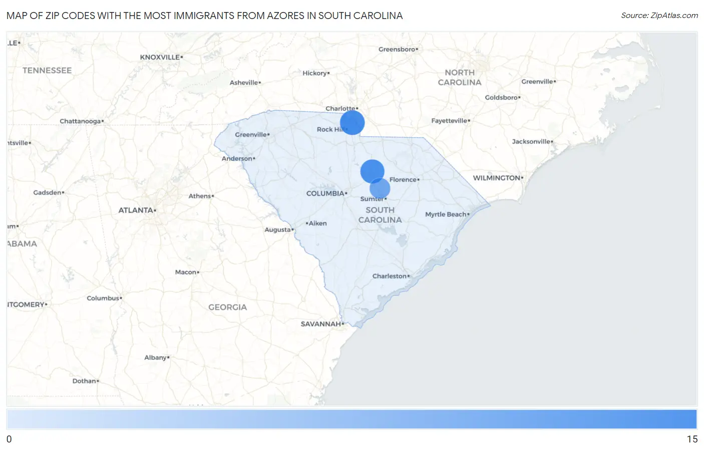 Zip Codes with the Most Immigrants from Azores in South Carolina Map