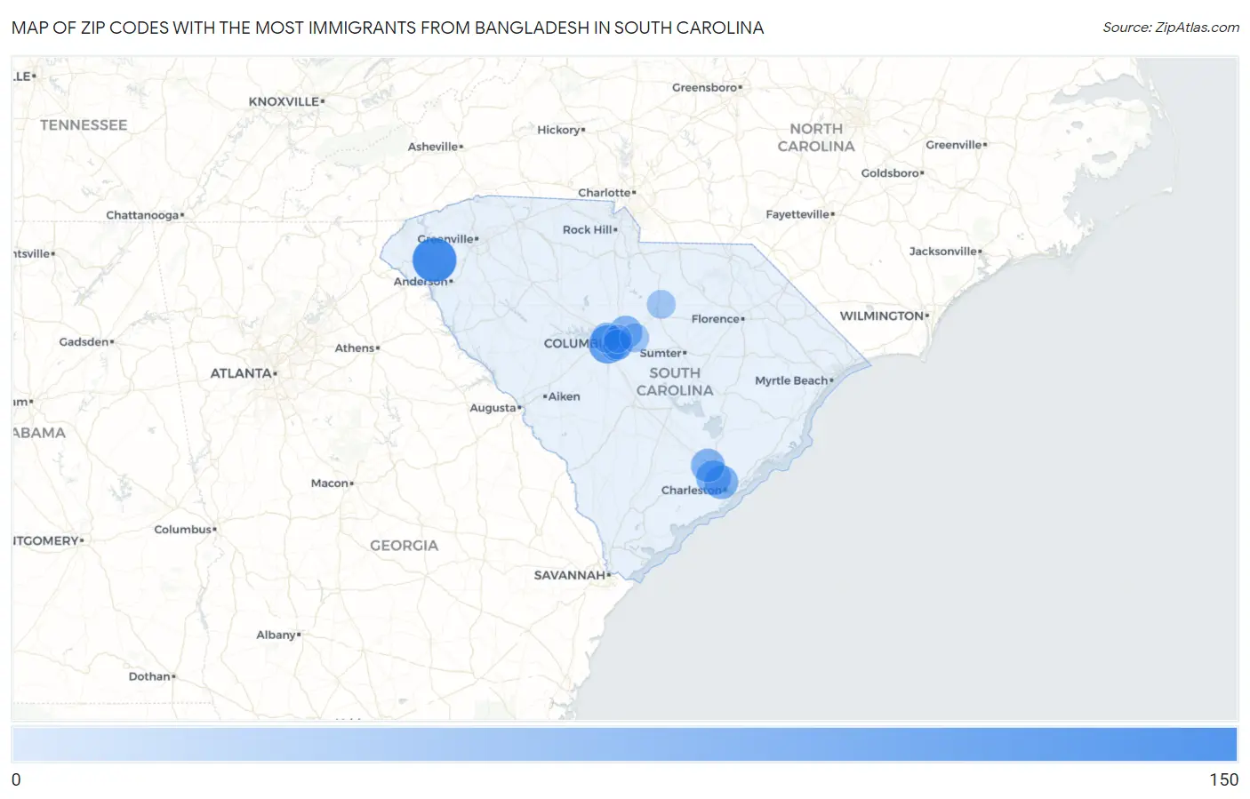 Zip Codes with the Most Immigrants from Bangladesh in South Carolina Map