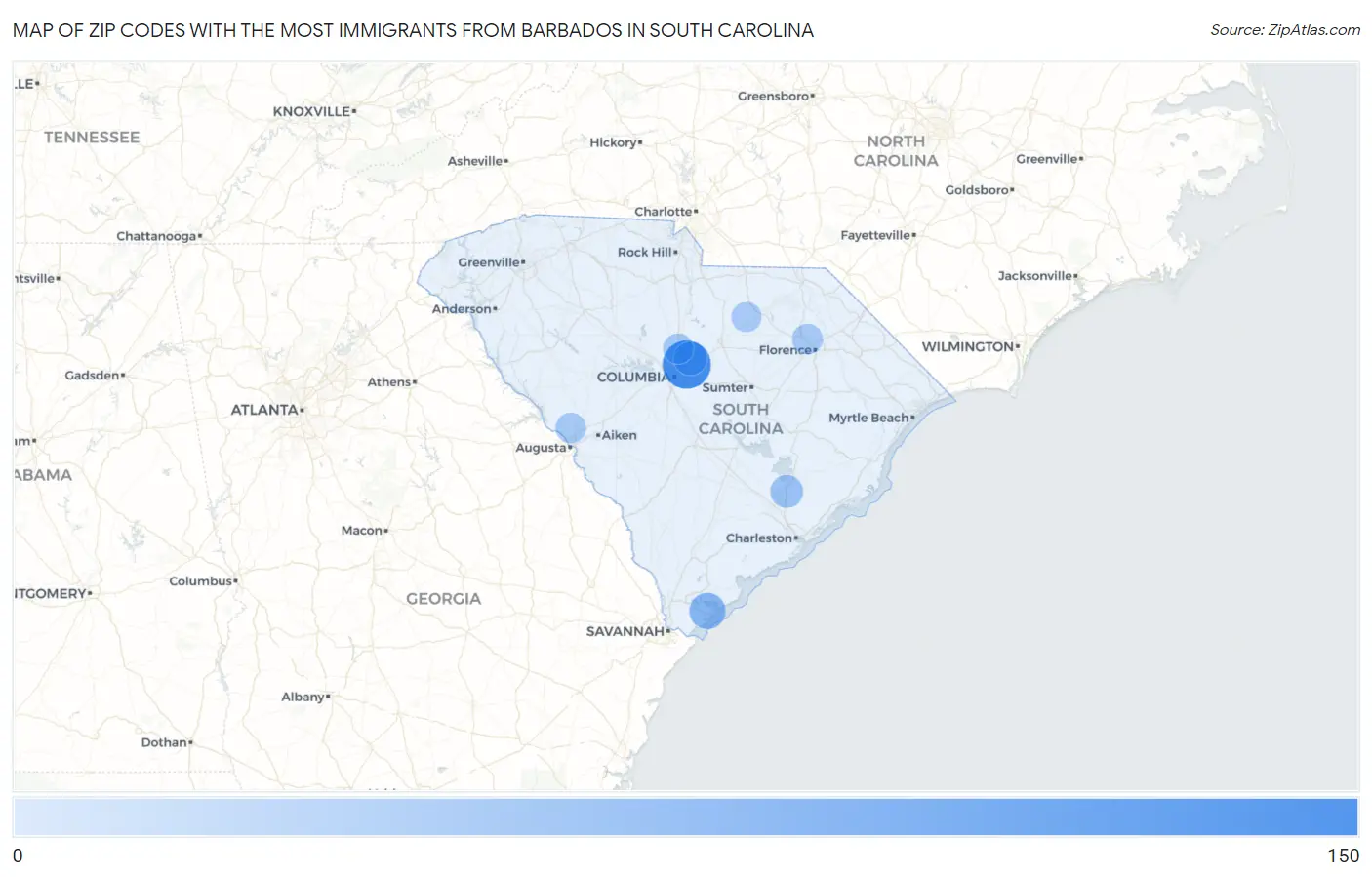 Zip Codes with the Most Immigrants from Barbados in South Carolina Map