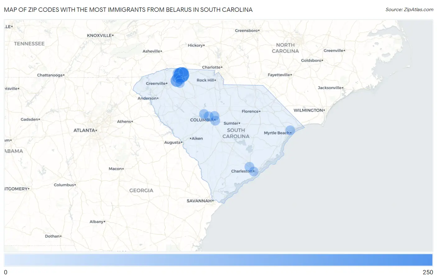 Zip Codes with the Most Immigrants from Belarus in South Carolina Map