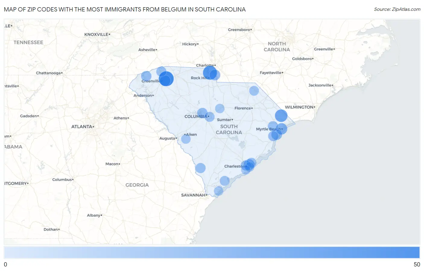 Zip Codes with the Most Immigrants from Belgium in South Carolina Map