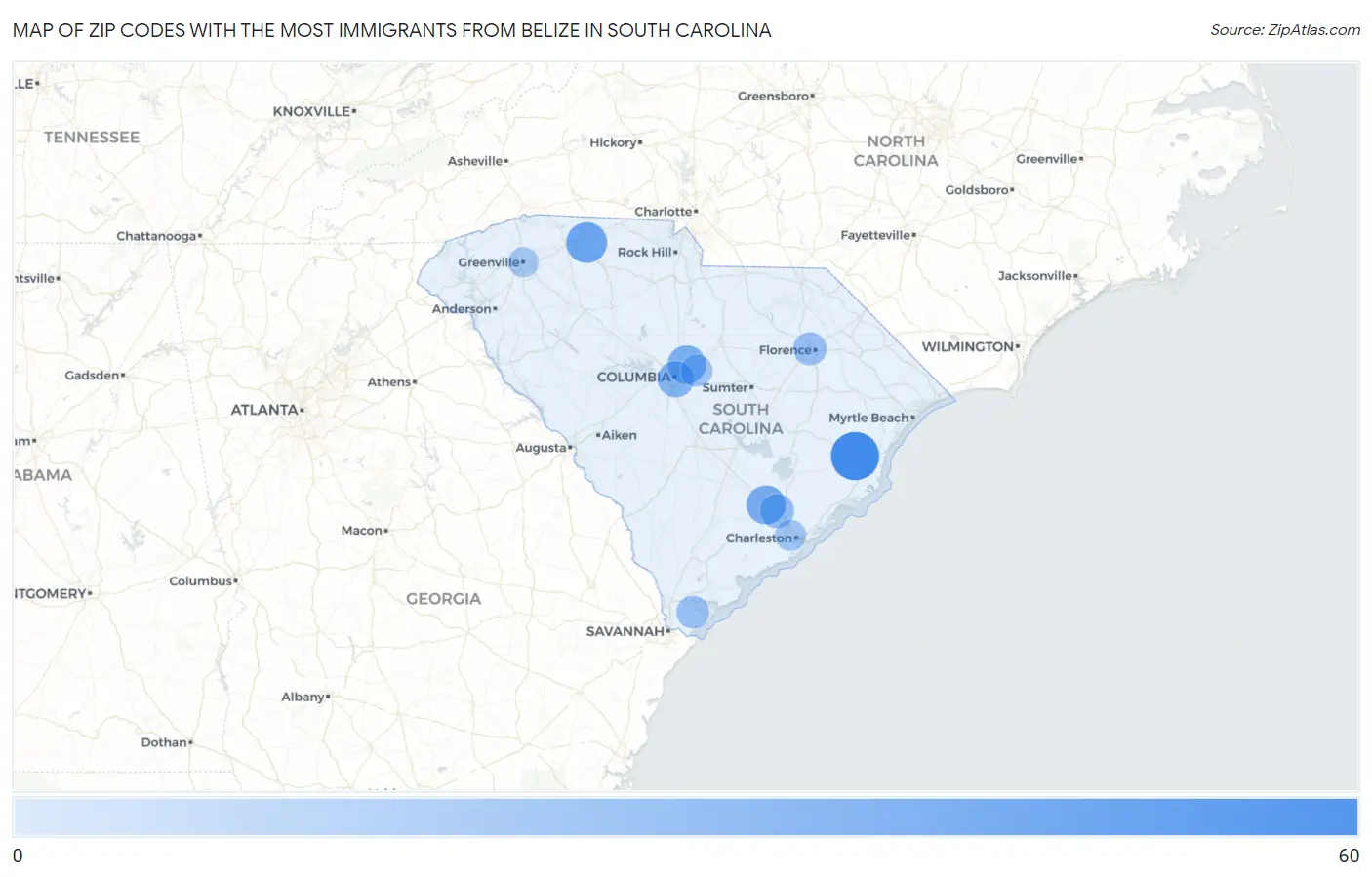 Zip Codes with the Most Immigrants from Belize in South Carolina Map