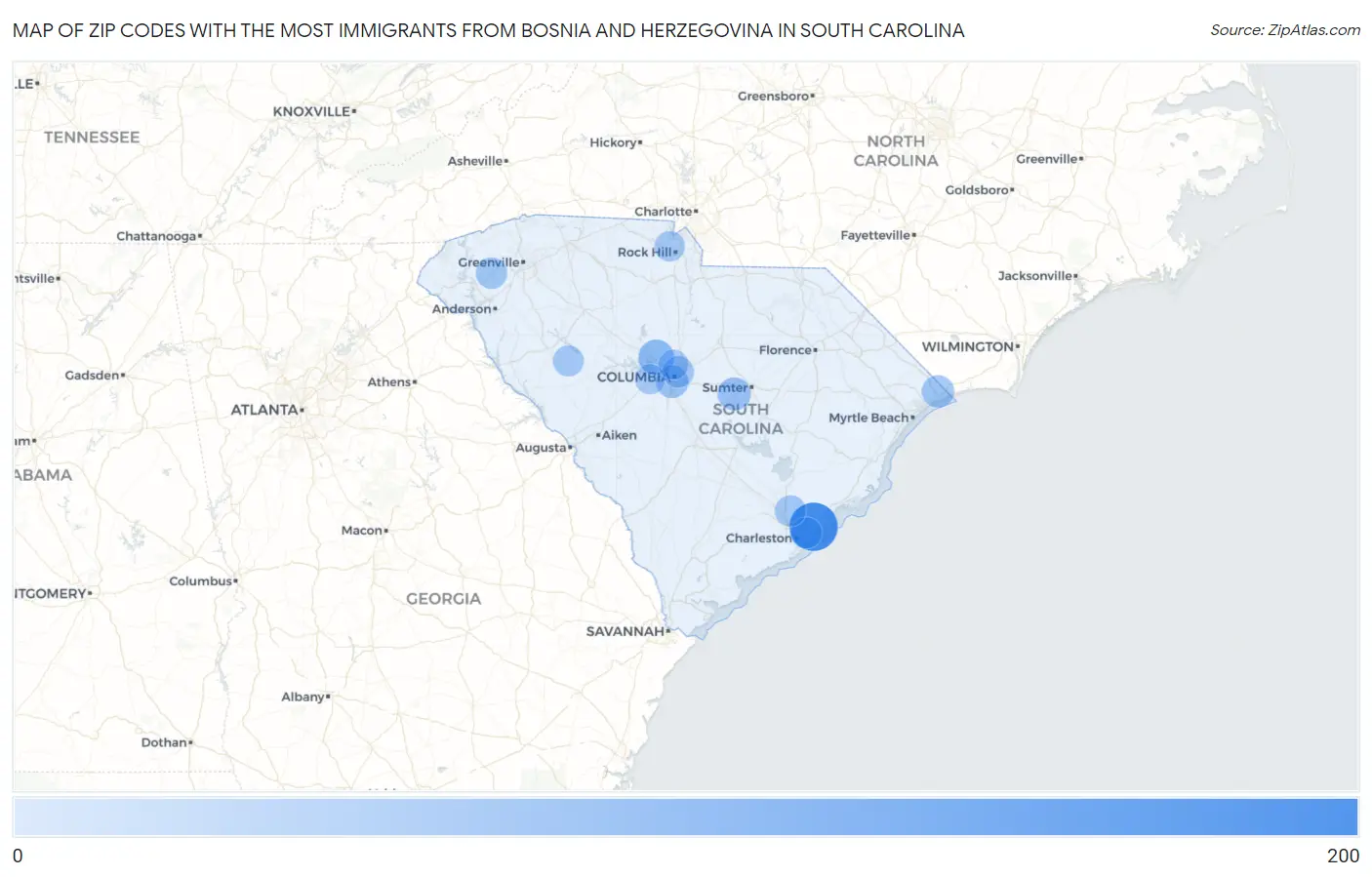 Zip Codes with the Most Immigrants from Bosnia and Herzegovina in South Carolina Map