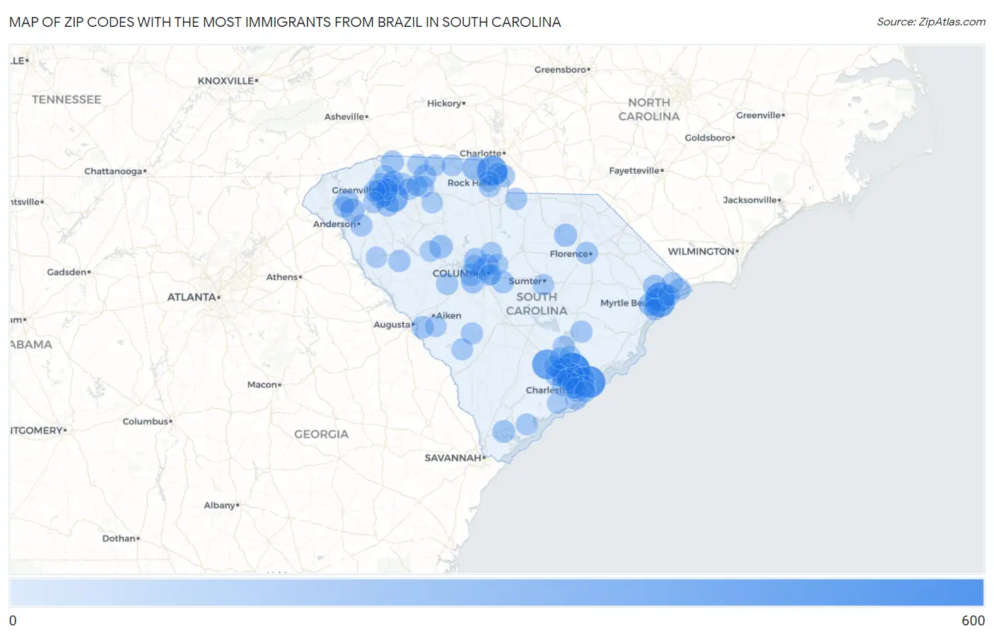 Zip Codes with the Most Immigrants from Brazil in South Carolina Map