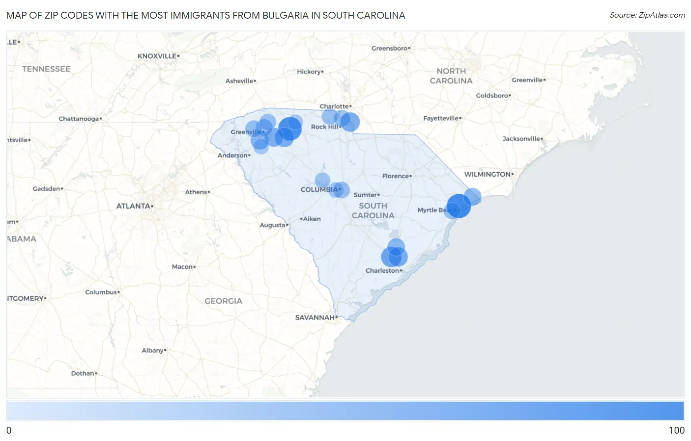 Zip Codes with the Most Immigrants from Bulgaria in South Carolina Map