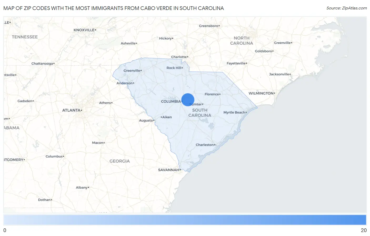 Zip Codes with the Most Immigrants from Cabo Verde in South Carolina Map