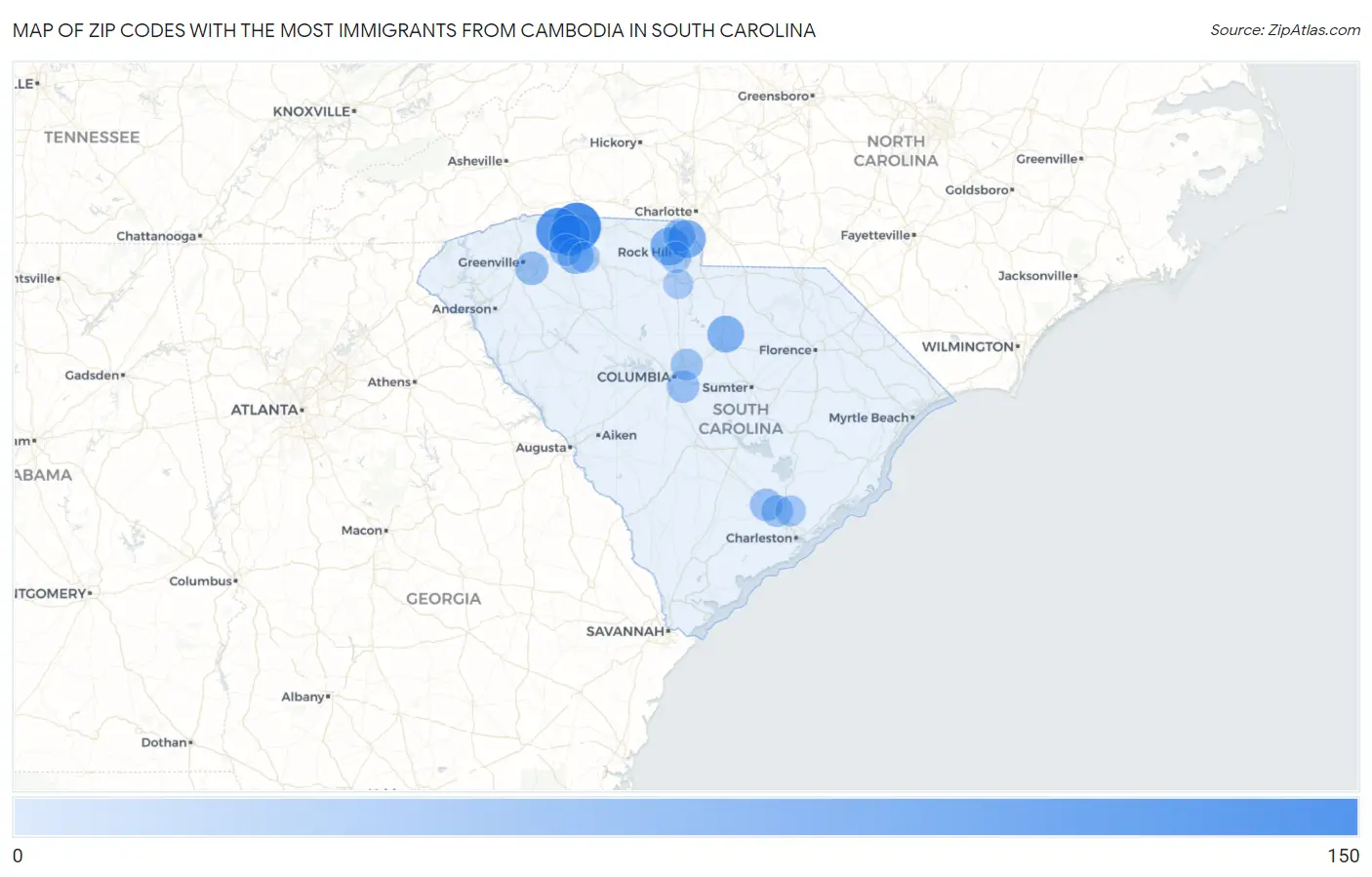 Zip Codes with the Most Immigrants from Cambodia in South Carolina Map