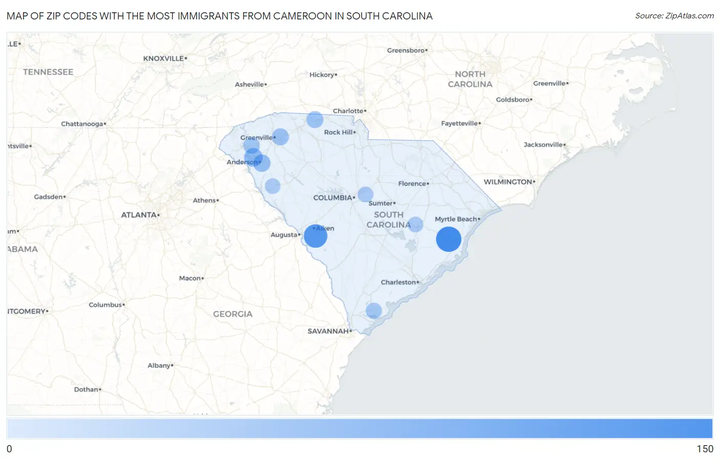 Zip Codes with the Most Immigrants from Cameroon in South Carolina Map