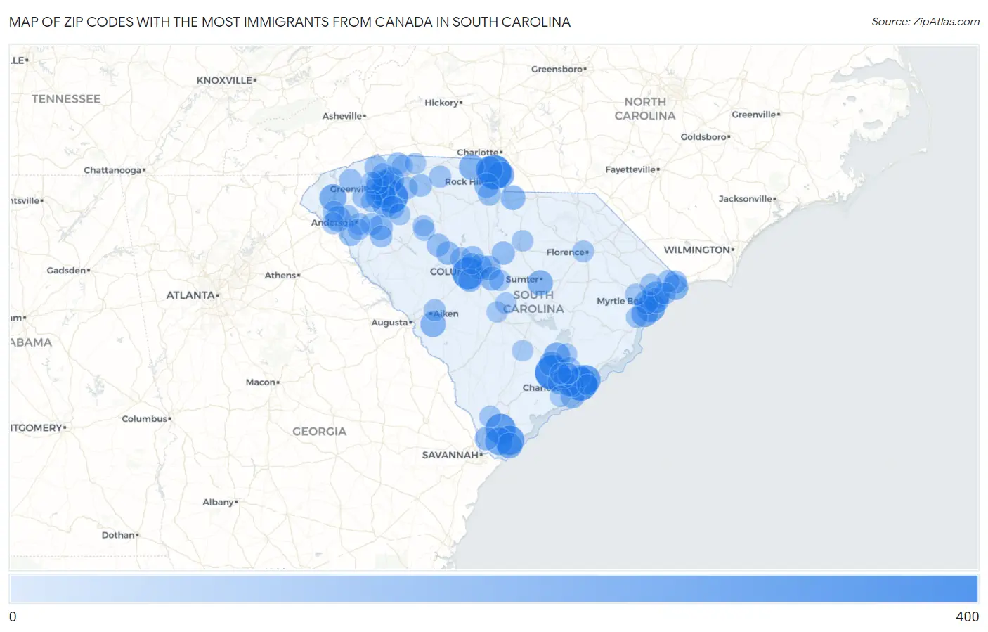 Zip Codes with the Most Immigrants from Canada in South Carolina Map