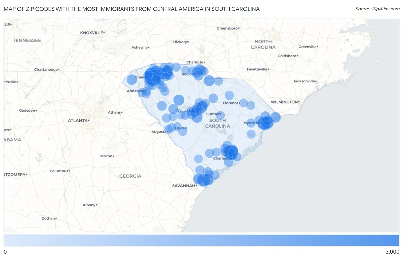Zip Codes with the Most Immigrants from Central America in South Carolina Map