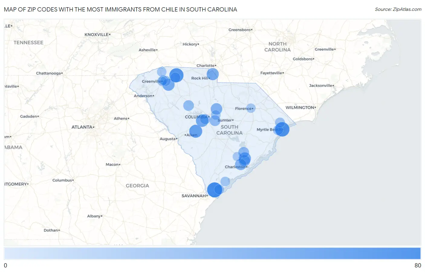 Zip Codes with the Most Immigrants from Chile in South Carolina Map