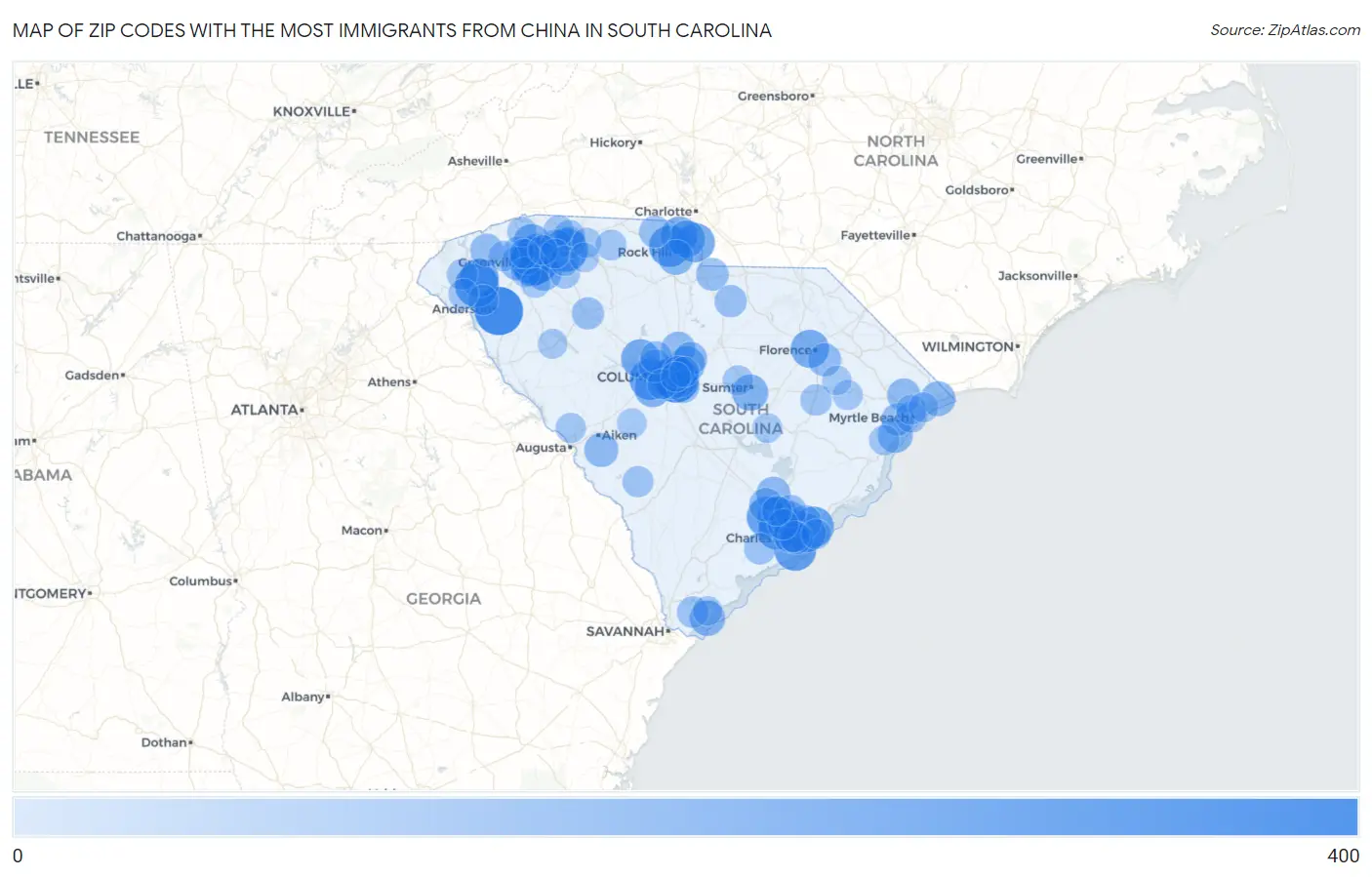 Zip Codes with the Most Immigrants from China in South Carolina Map