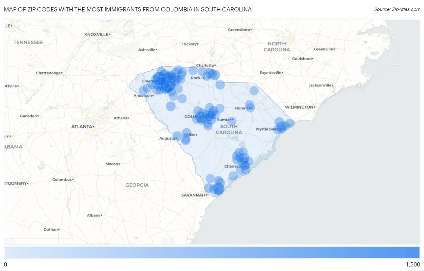 Zip Codes with the Most Immigrants from Colombia in South Carolina Map