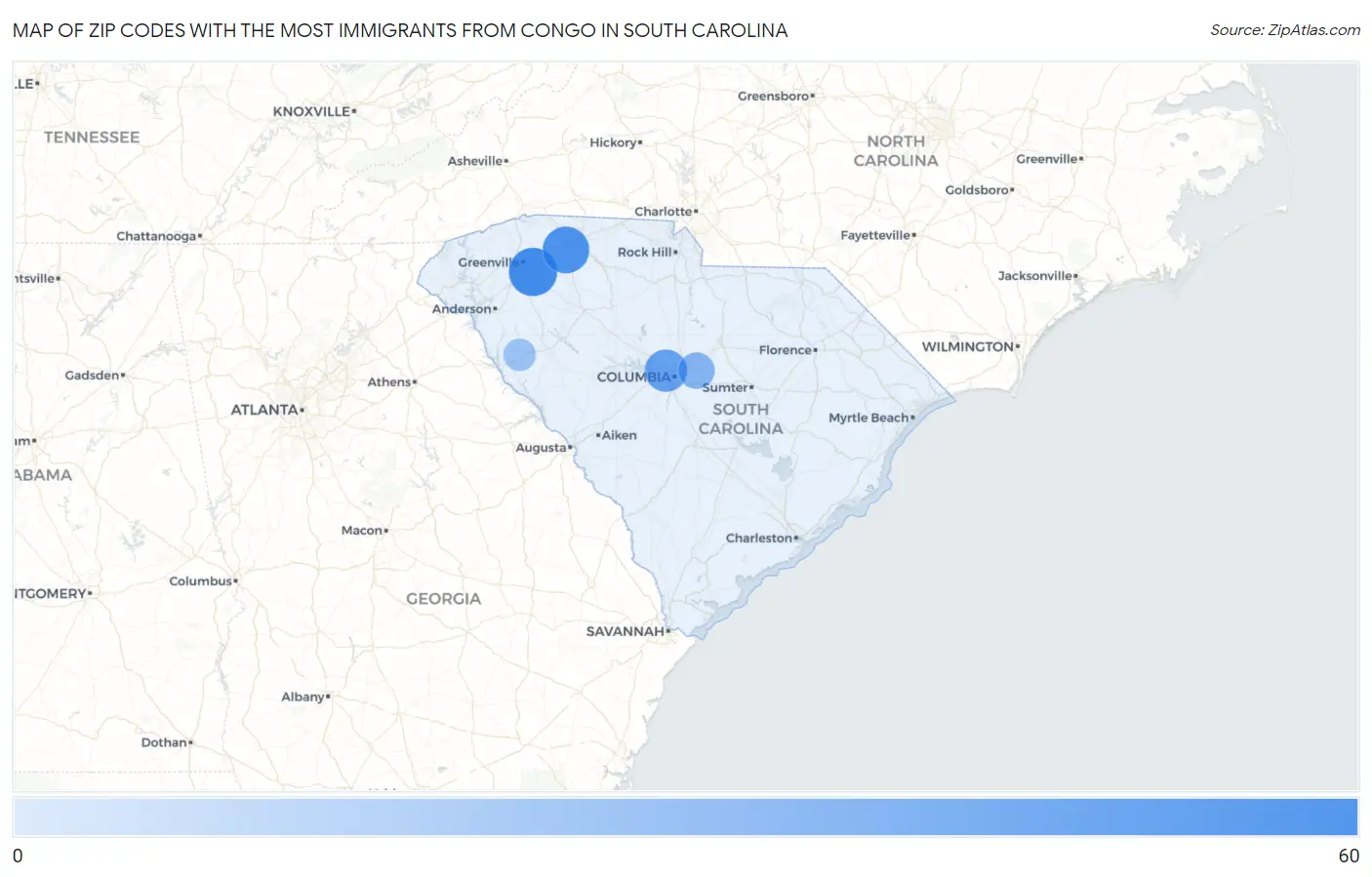 Zip Codes with the Most Immigrants from Congo in South Carolina Map