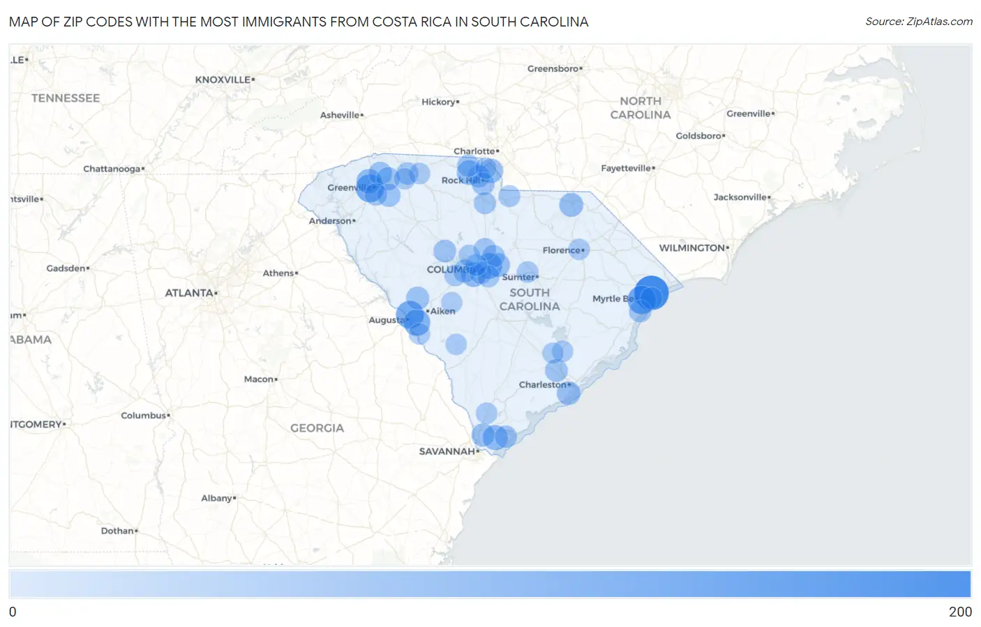 Zip Codes with the Most Immigrants from Costa Rica in South Carolina Map
