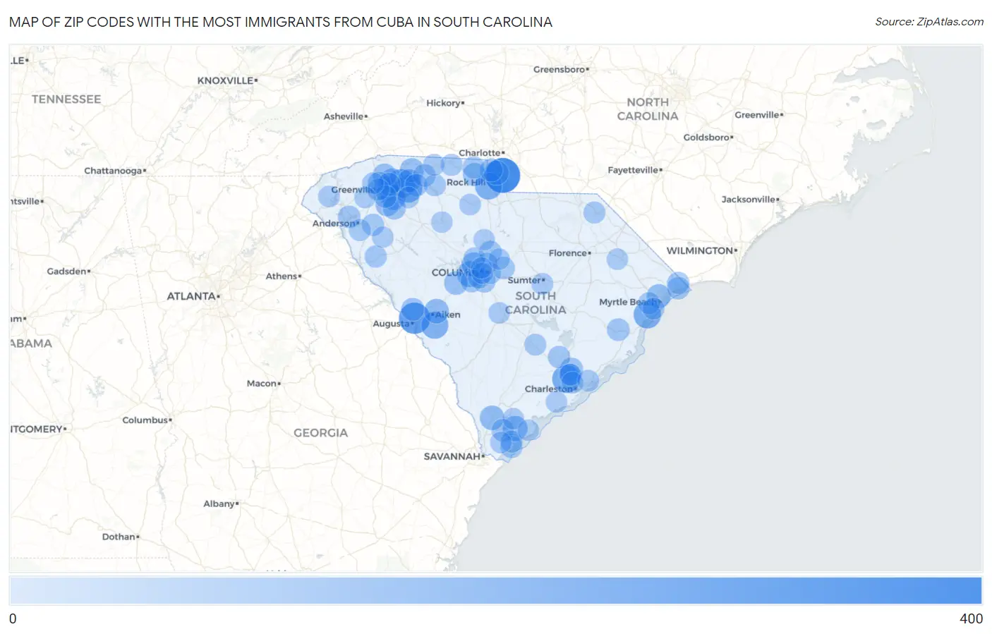 Zip Codes with the Most Immigrants from Cuba in South Carolina Map