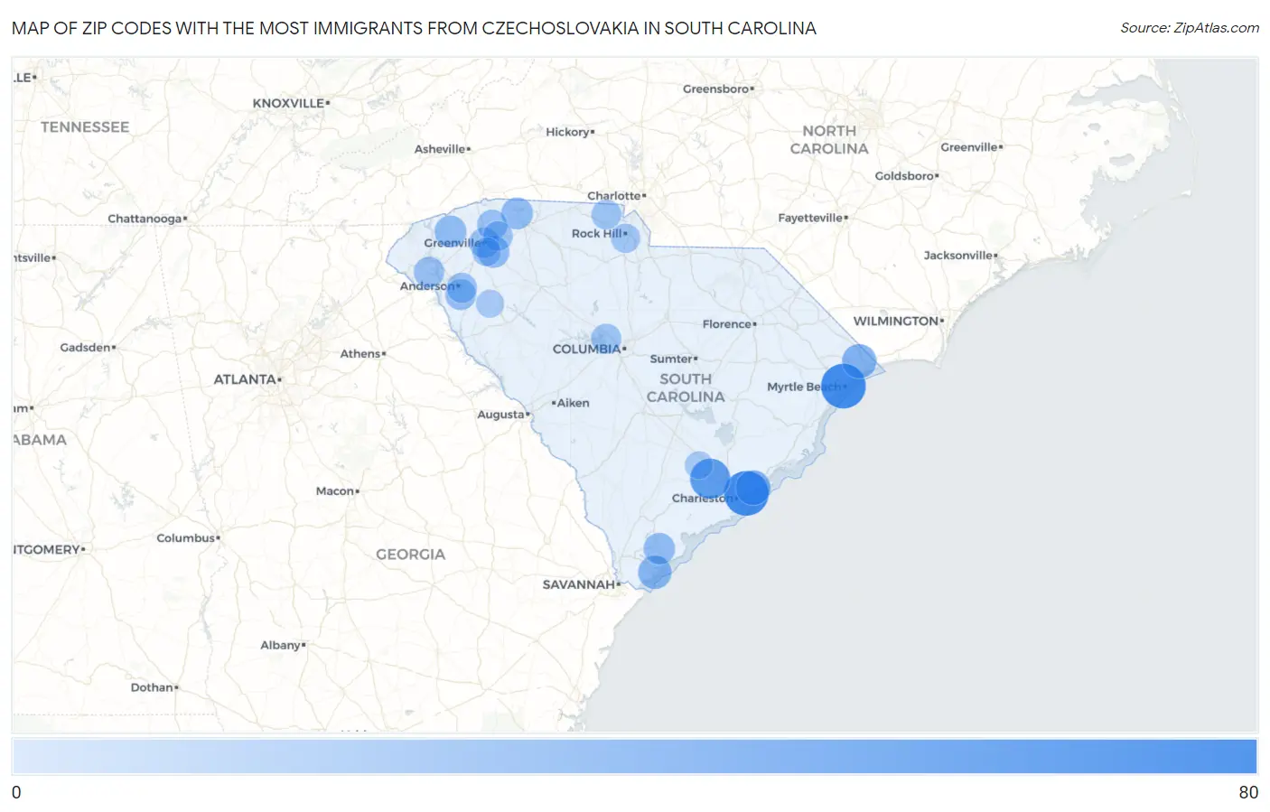 Zip Codes with the Most Immigrants from Czechoslovakia in South Carolina Map