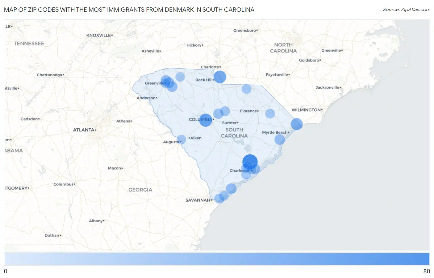 Zip Codes with the Most Immigrants from Denmark in South Carolina Map